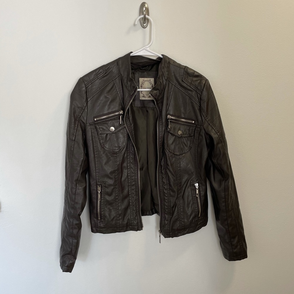 LA Coalition Apparel Medium Brown Faux Leather Jacket with Functional Zippers